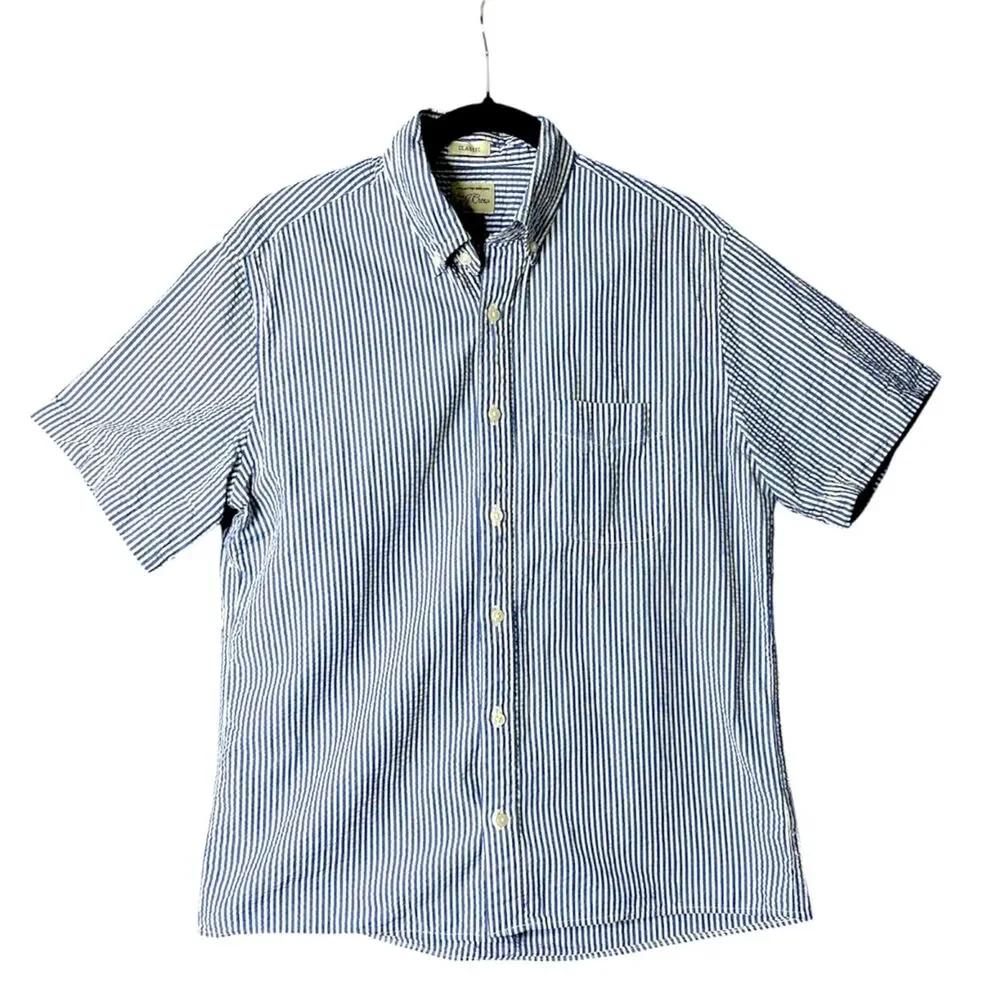 J. Crew Mens Blue Striped Shirt Sz M Seersucker Nautical Coastal Preppy Cotton